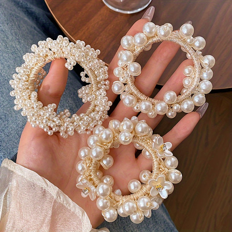 Set of 3 Faux Pearl Hair Loops with Elastic Ties for Women