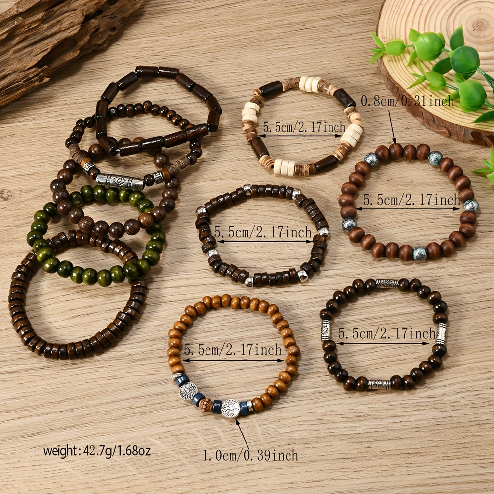 Set of 10 Bohemian Style Wooden Beaded Bracelets for Men Women Couple Gift