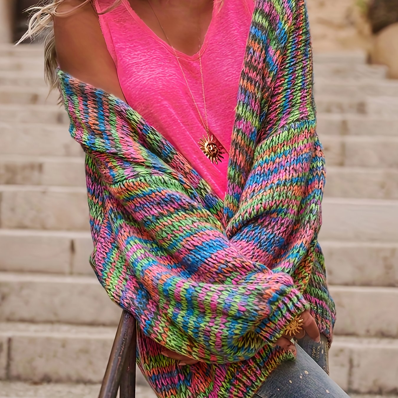 Plus Size Women's Sweater Open Front Colorful Stripes Cozy Fall Winter Pullover