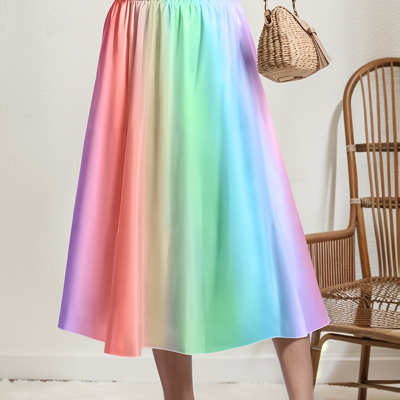 Falda de paraguas casual de talla grande con estampado arcoíris para mujer