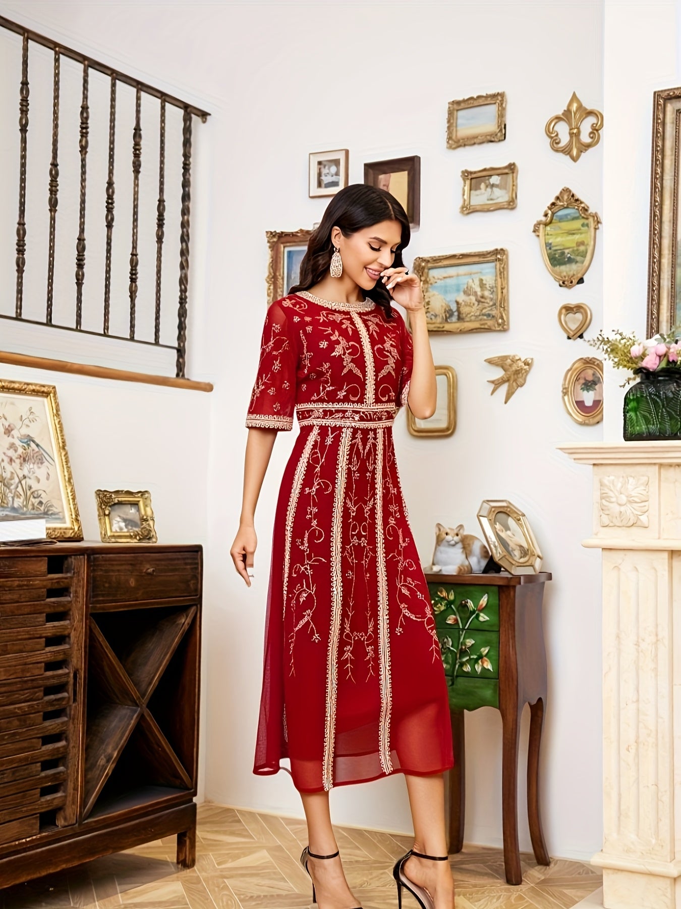 Women's Red Embroidered Sleeveless Dress with Geometric Pattern