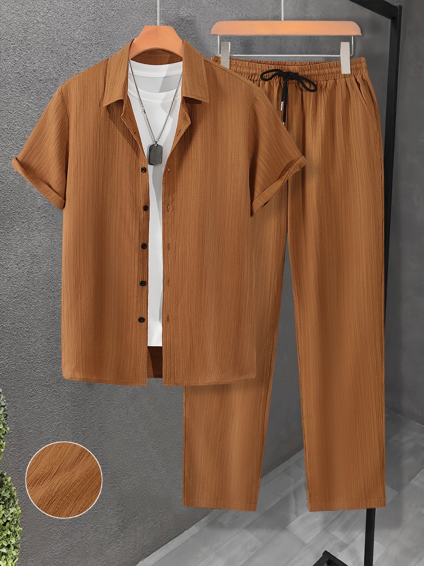 Men's Summer Casual 2-Piece Outfit Solid Color Shirt and Drawstring Pants
