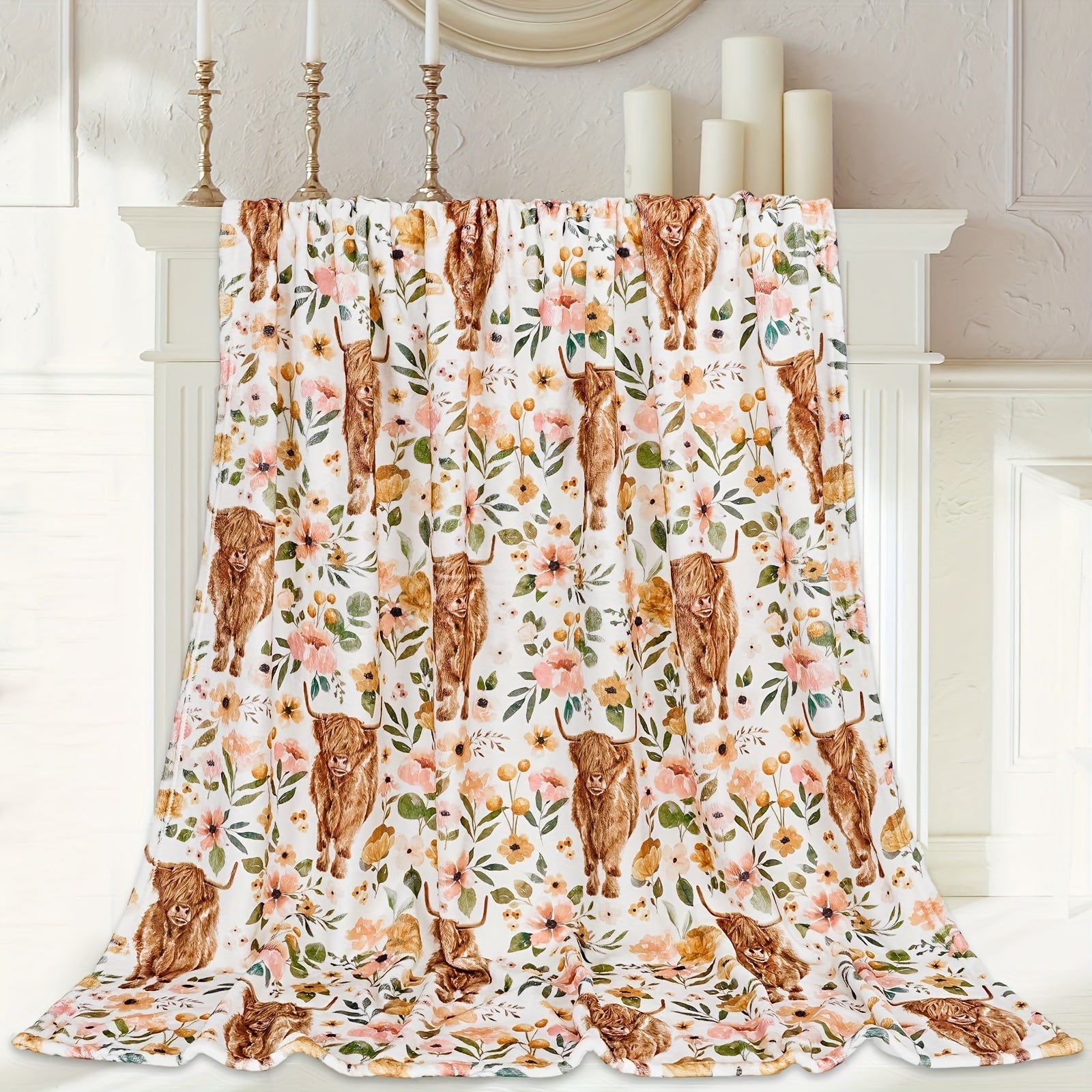 Manta de franela con estampado de vaca de campo y flores acogedora para sofá, cama y viajes