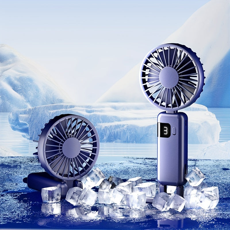 Portable Handheld Fan with LED Display, 5-Speed, Foldable, USB Rechargeable
