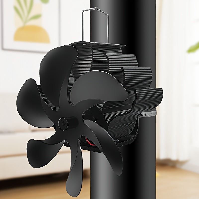 Wall Mounted Heat Powered Stove Fan Black Aluminum Alloy 6-Leaf Air Circulation