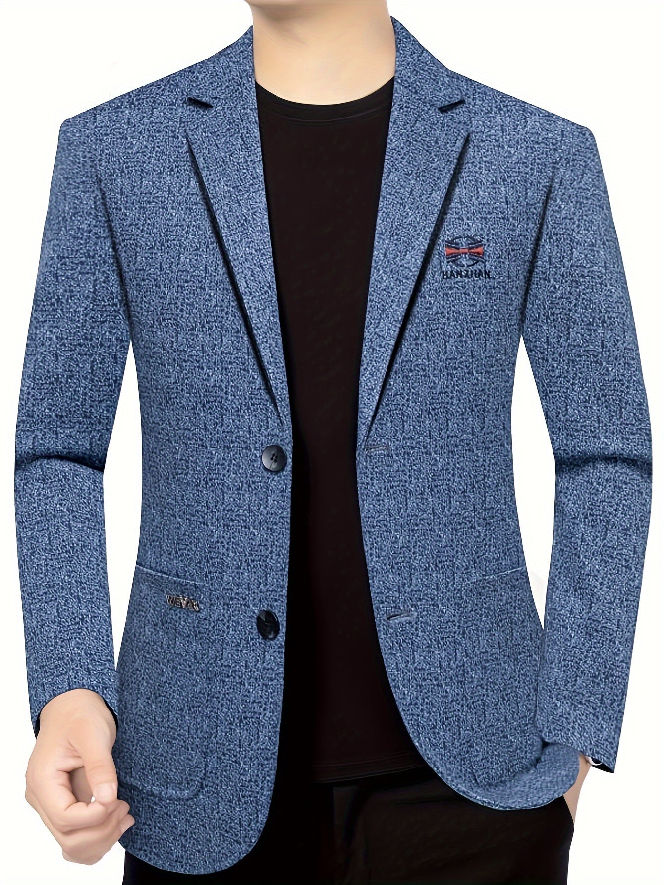 Blazer casual de negocios azul claro para hombre con cuello de solapa, mangas largas, bolsillos laterales, poliéster