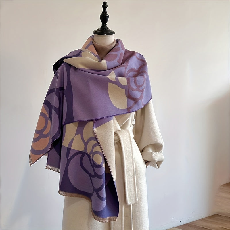 Women’s Camellia Jacquard Scarf Warm Thick Soft Imitation Cashmere Shawl Autumn Winter Fringe