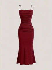 Women's Spaghetti Strap Mermaid Dress Solid Color Summer Fit and Flare Polyester