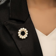 Women's Double Round Glass Pearl Brooch in 18K Gold Plating Elegant Jewelry