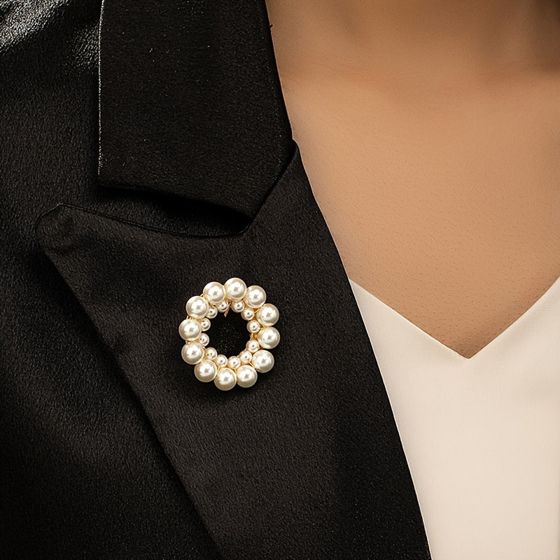 Women's Double Round Glass Pearl Brooch in 18K Gold Plating Elegant Jewelry