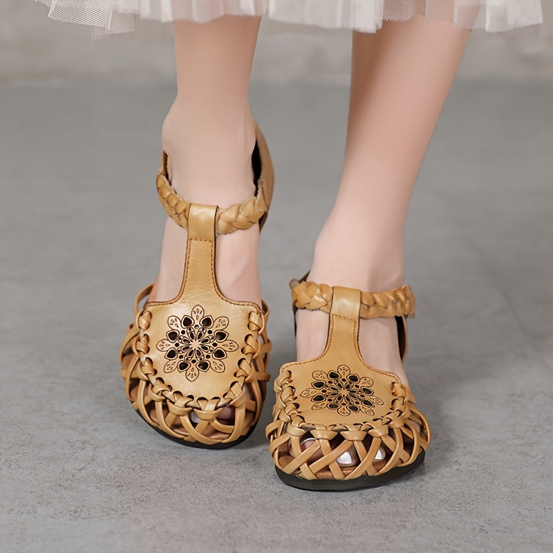 Women's Green Flat Shoes Breathable Casual T-Strap Walkers