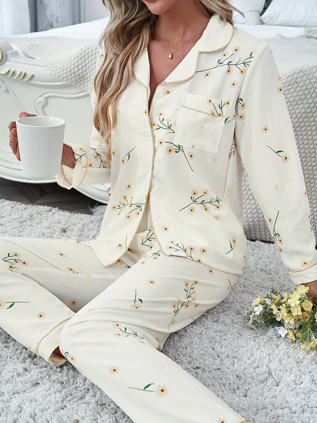 Women's Floral Print Pajama Set Long Sleeve Button Top Elastic Waist Pants Sleepwear Loungewear