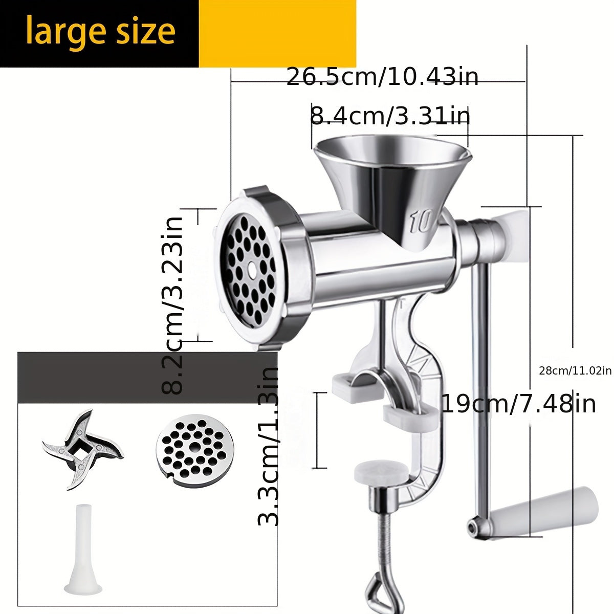 1 dona Katta quvvatli qo'lda go'sht maydalagich va kolbasa tayyorlagich - Rostdan po'lat, 10 RPM, Elektr energiyasi talab qilinmaydi, Tanlov uchun aksessuarlar, maydalangan go'sht va kolbasa uchun ideal, Uy sharoitida foydalanish uchun