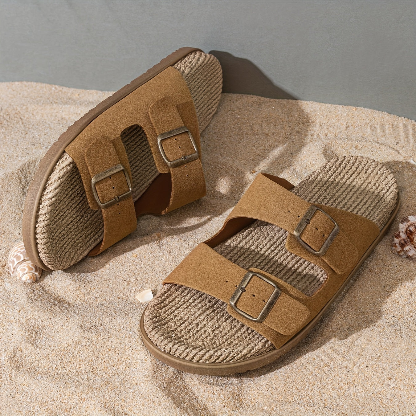Erkaklar uchun bir rangli ochiq barmoqli slippers, bog'ichli tasmalari bilan, nafas oladigan va qulay EVA tagligi, plyaj yoki tasodifiy kiyim uchun mukammal.