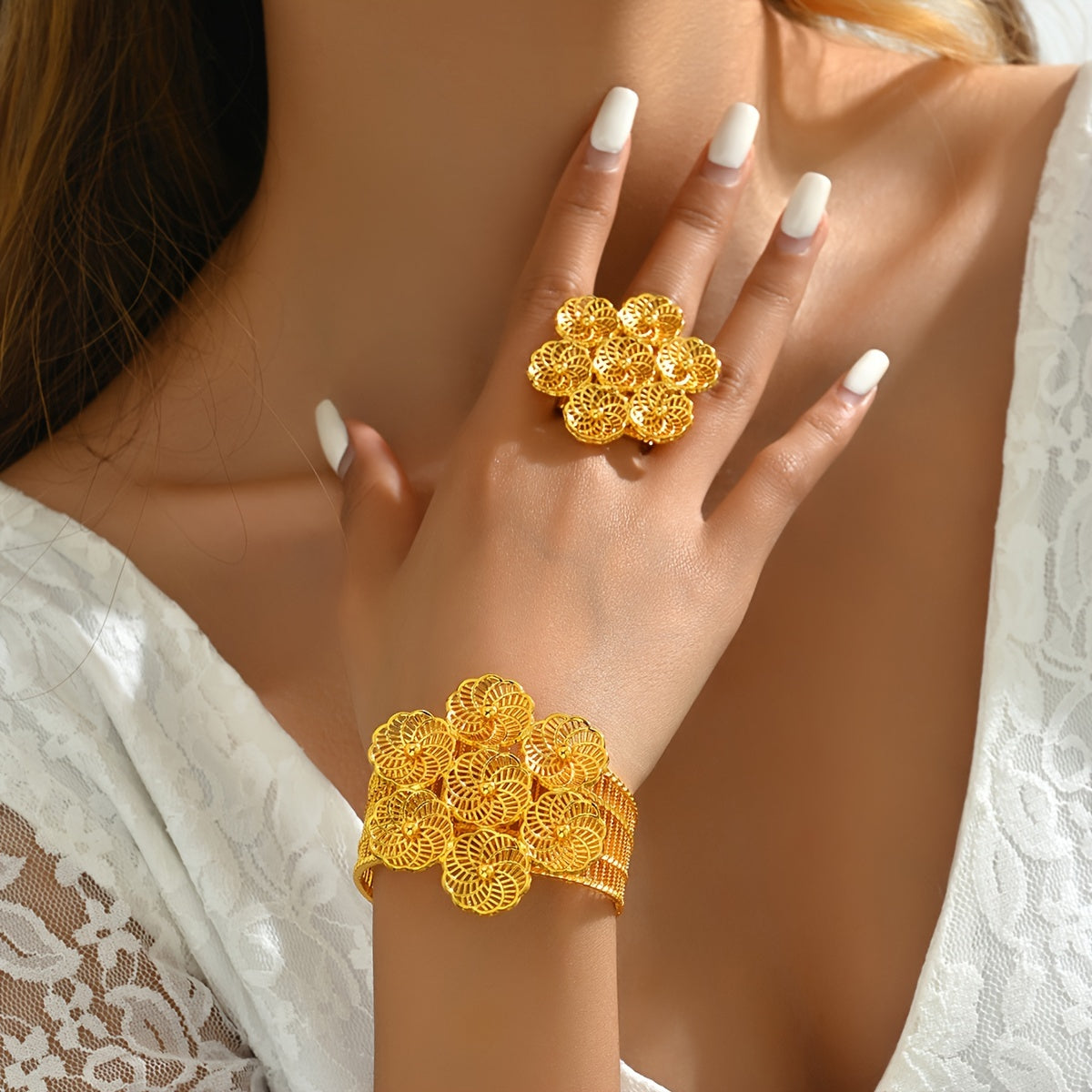 Vintage Floral Jewelry Set with Open Cuff Bracelet and Ring 18K Gold Plated Alloy for Weddings and Celebrations