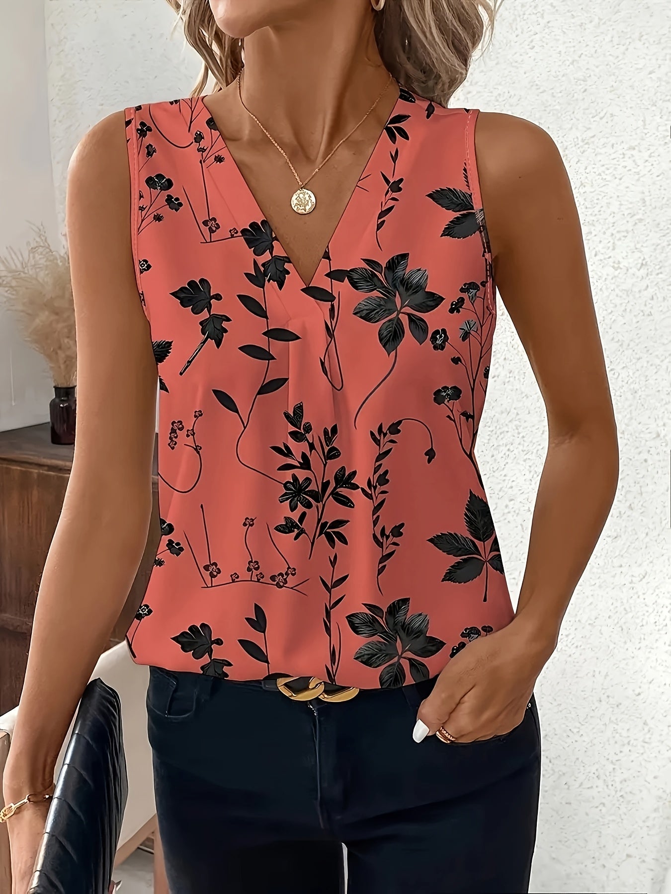Women’s Floral Print Sleeveless V-Neck Tank Top Polyester Black Beige Casual Formal