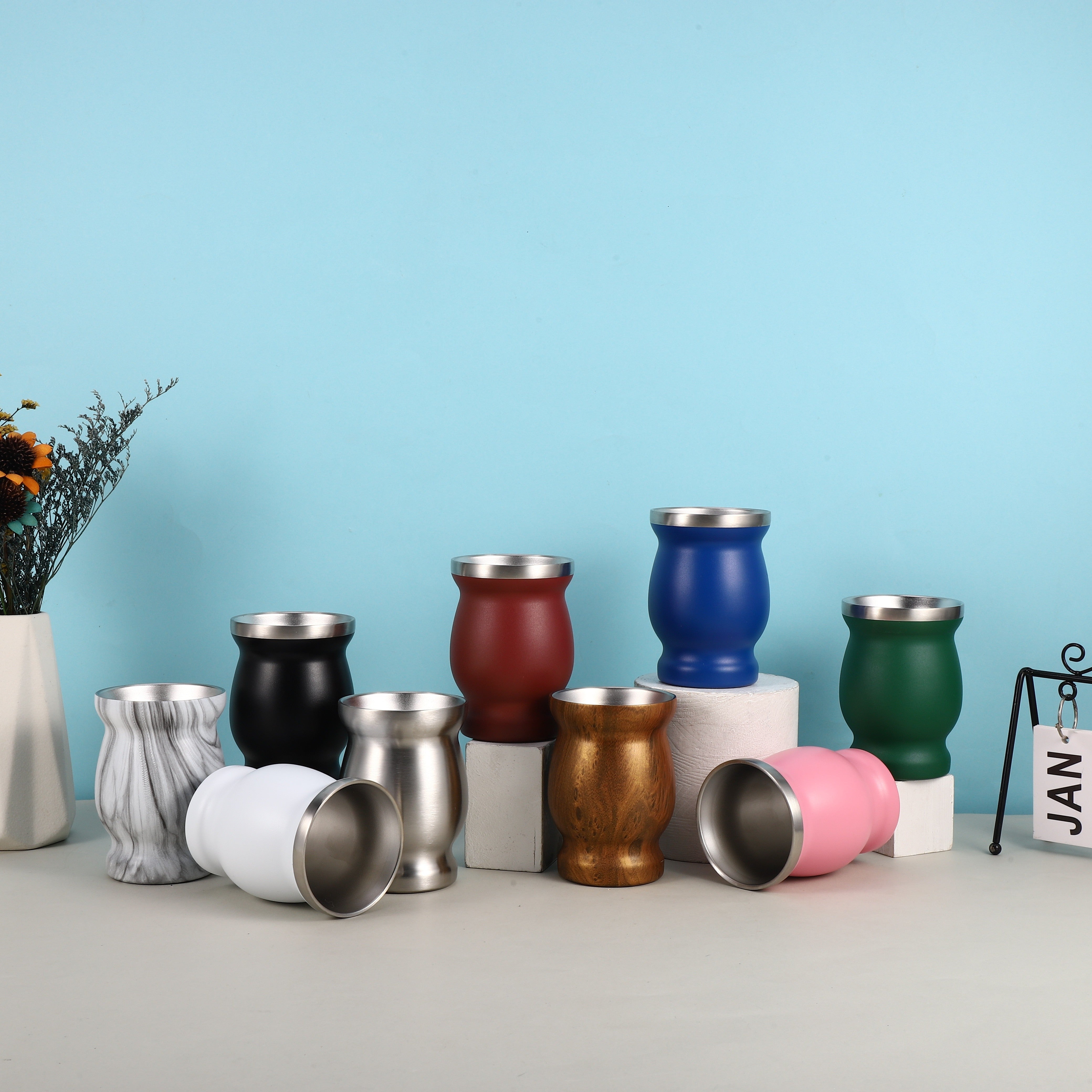 8oz Stainless Steel Yerba Mate Cup Set with Wooden Handle Double Walled Insulation