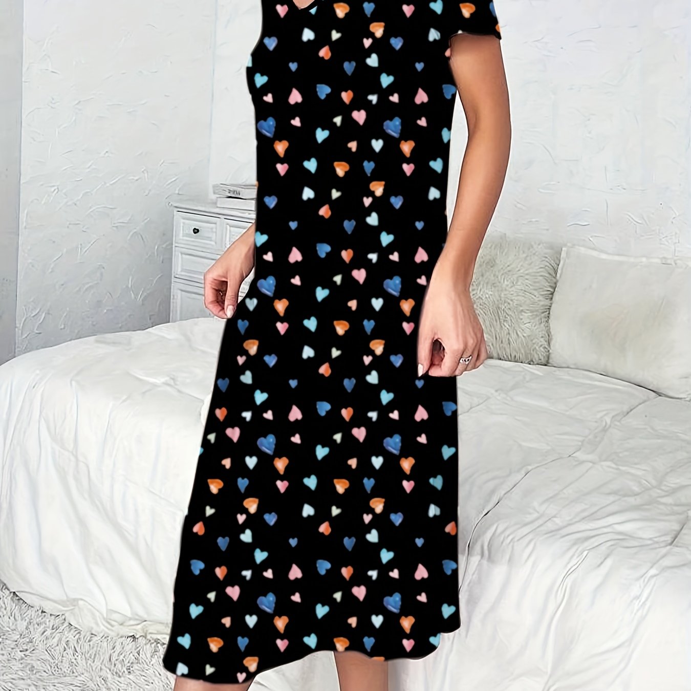 Women's Long Heart Print Cotton Casual Maxi Sleep Dress