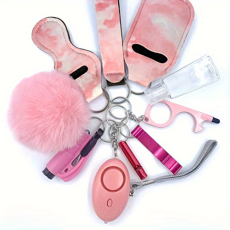 Women Self Set Pink PVC Personal Alarm Window Breaker Car Keychain Kit