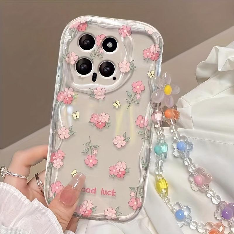 Прозрачный чехол для цветов из порошка для Galaxy S24 Ultra и S24 FE, подходит для защиты S25 Ultra и A15. Включает мягкий корпус с кремовым узором, ручную цепочку из цветочных бусин и