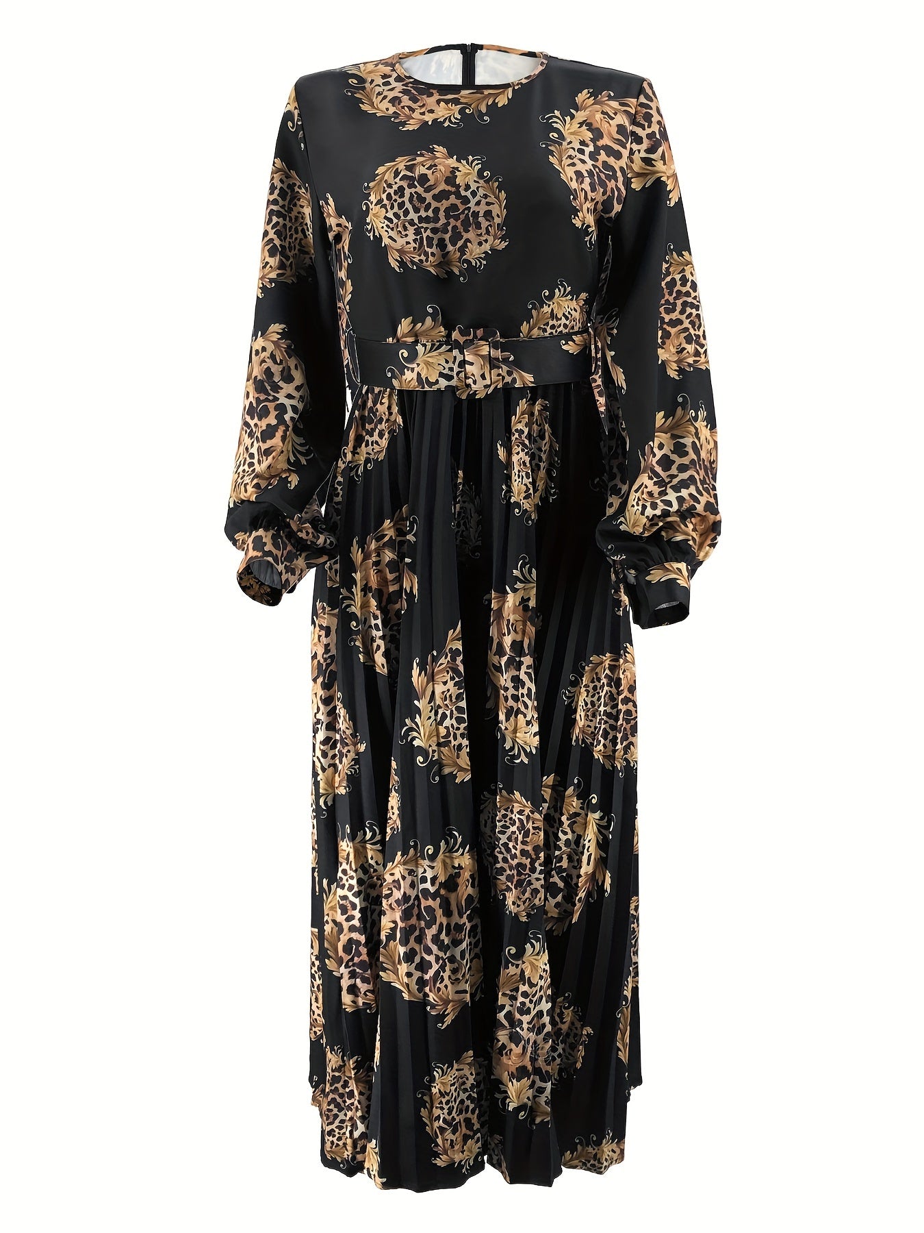 Leopard Print Abaya Dress for Women Long Sleeve Maxi Length Middle Eastern Style
