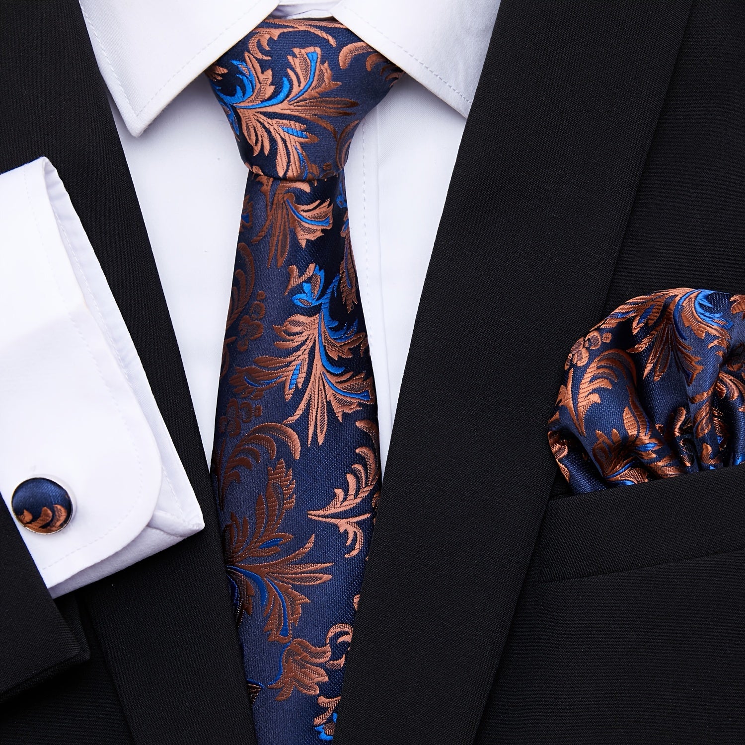 Men's Blue Jacquard Floral Tie Set with Pocket Square and Cufflinks for Weddings and Formal Events