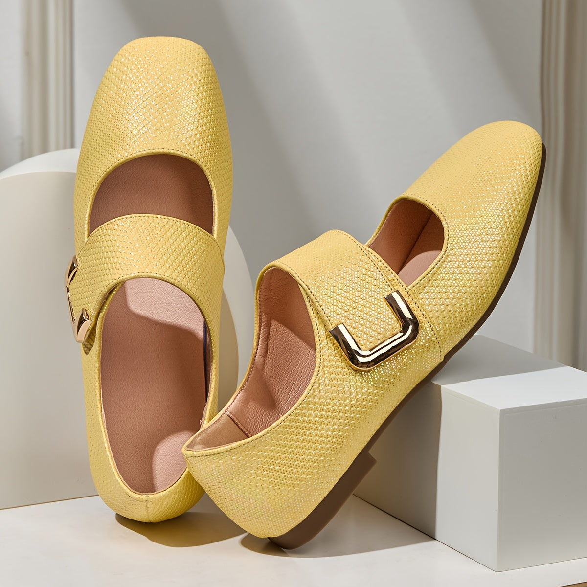 Women's Mary Jane Flats Square Toe Non-Slip Soft Sole Casual Shoes in White Beige Yellow