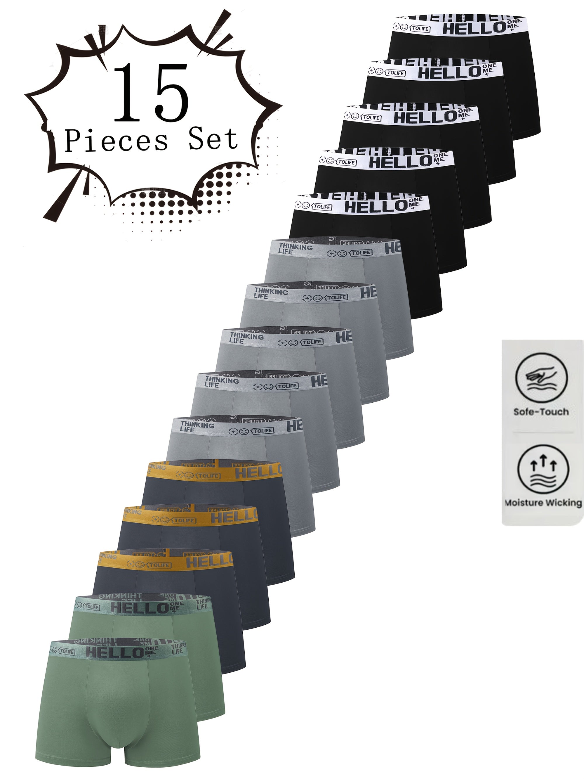 15-dona erkaklar uchun boxer shortlari, nafas oladigan polyester va spandeks aralashmasidan tayyorlangan. Yumshoq va qulay to'qilgan mato, bir rangda. 95% polyester, 5% spandeks, o'rtacha cho'zilish bilan. 130gsm og'irlik.