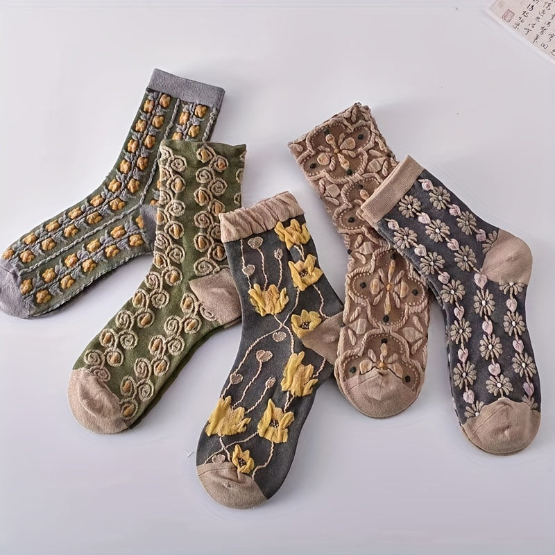 Women’s Ethnic Style Mid-Calf Socks 5 Pairs Embossed Pattern Breathable Comfortable