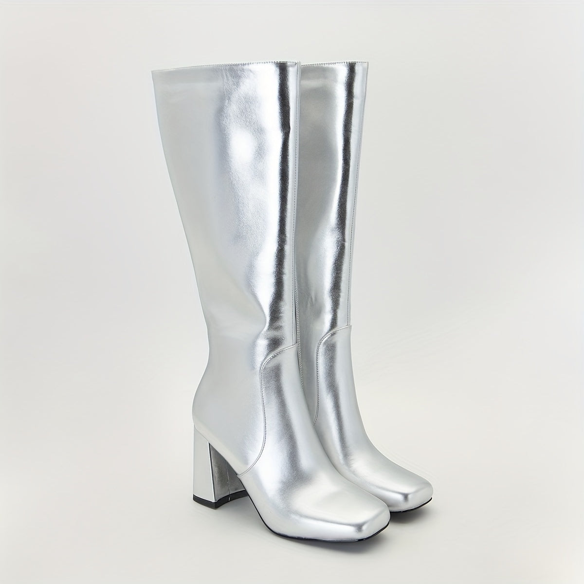 Women’s Patent Mirror High Knee High Boots With Zipper Square Toe Block Heel