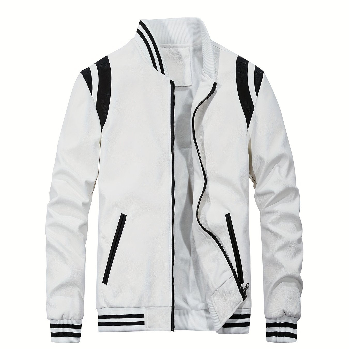 Erkaklar uchun sun'iy charm kurtka, klassik dizayn, retro uslubidagi fermuarli, turli xil yenglar, chiziqli aksentlar va har kuni kiyish uchun mashinada yuviladigan polyester aralashmasi.