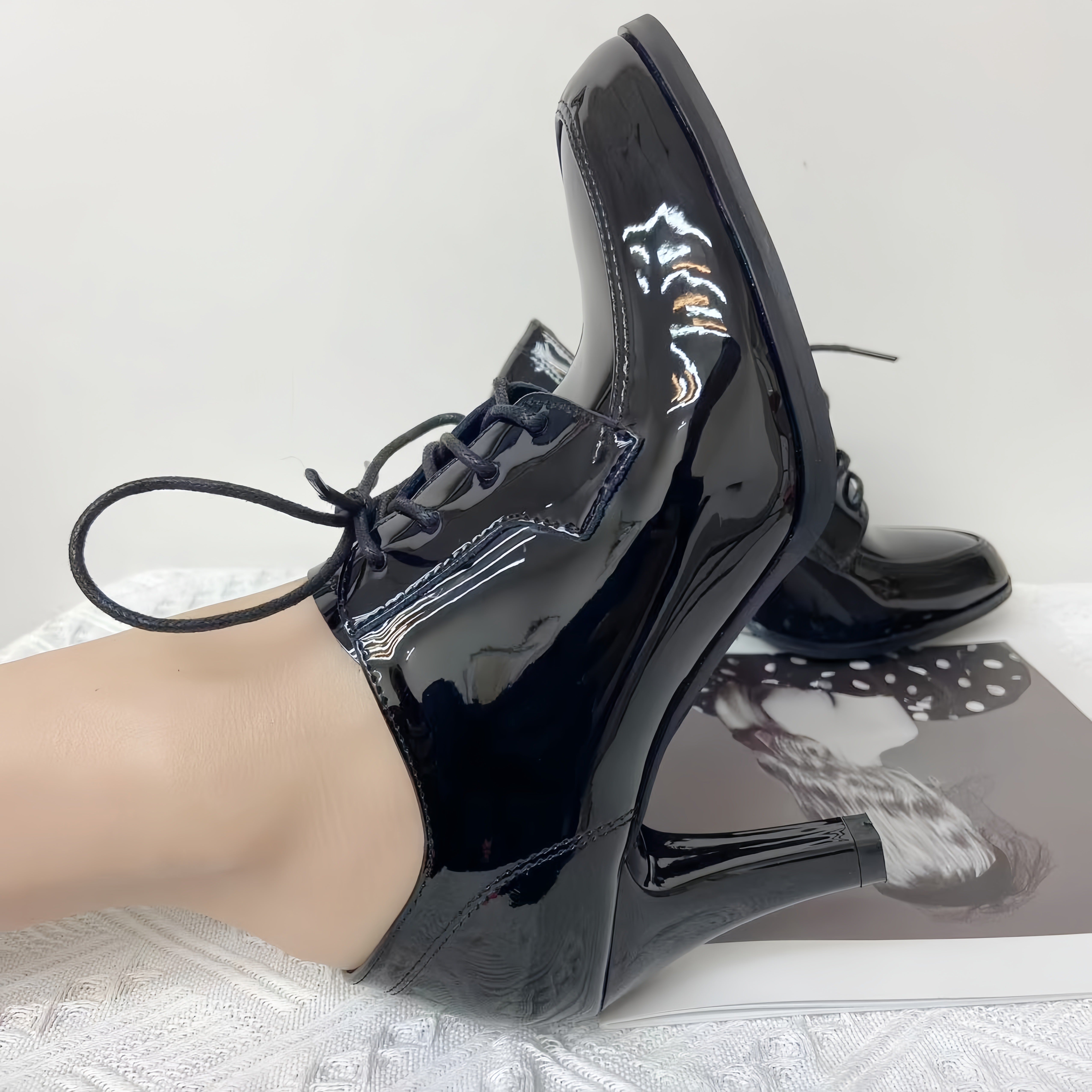 Women's Black Glossy Synthetic Pointed Toe High Block Heel Ankle Boots