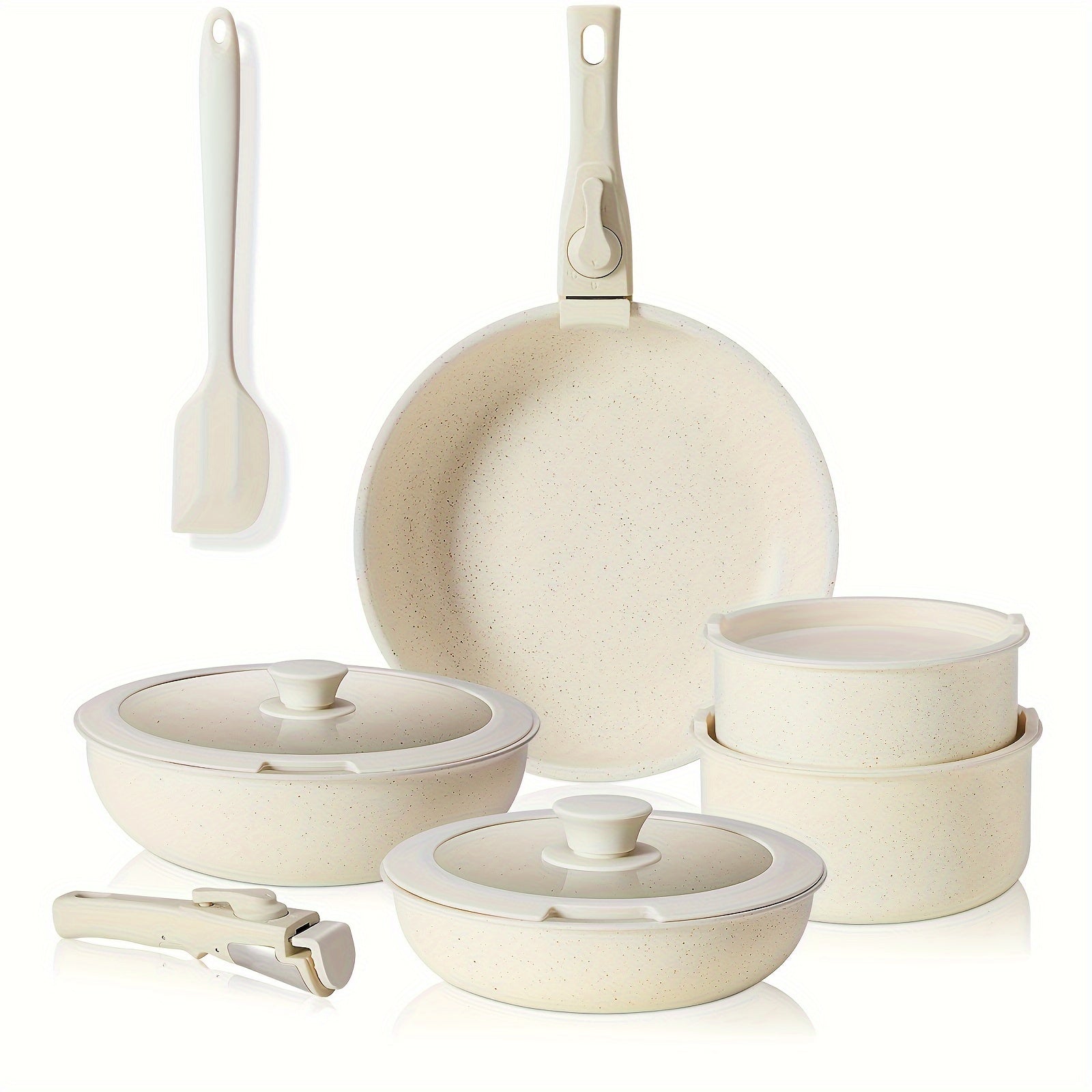 12-Piece Non-Stick Cookware Set with Removable Handles, Cream, Dishwasher Safe
