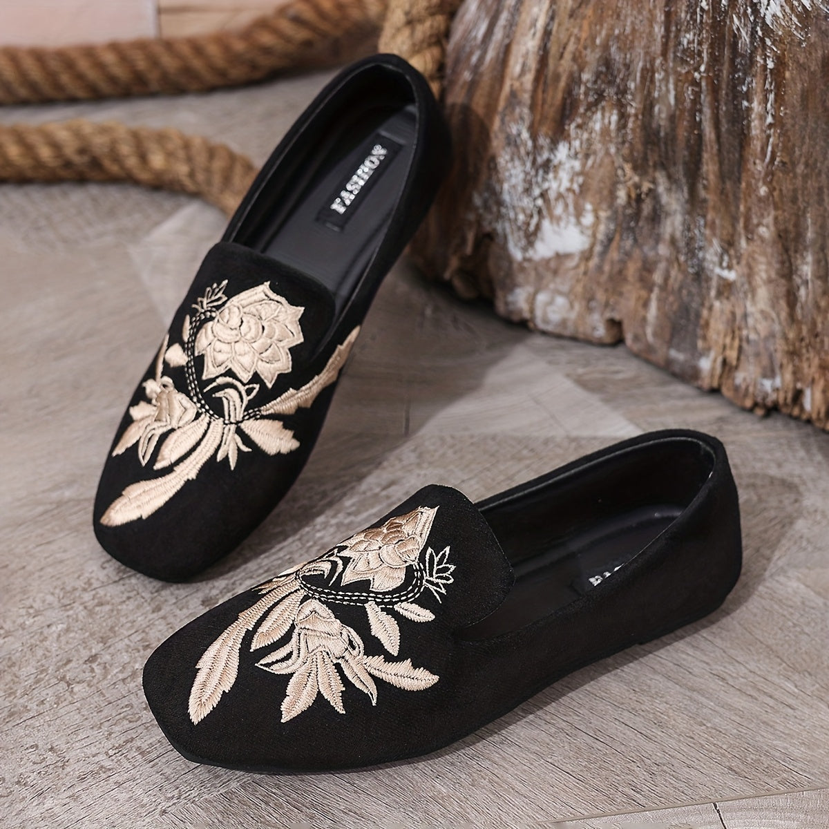 Women's Floral Embroidered Square Toe Slip-On Flats Casual Black Shoes