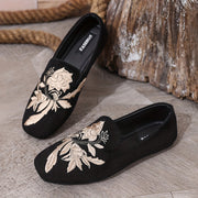 Women's Floral Embroidered Square Toe Slip-On Flats Casual Black Shoes