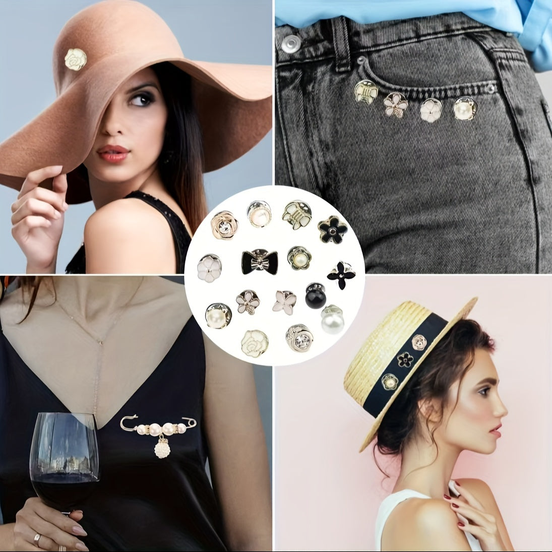 60 ta broshka to'plami, soxta marvaridlar va rhinestone'lar bilan bezatilgan - ko'ylaklar, sviterlar, shalvarlar, shlyapalar va bel uchun ko'p maqsadli aksessuarlar - qulay saqlash qutisi bilan birga keladi.