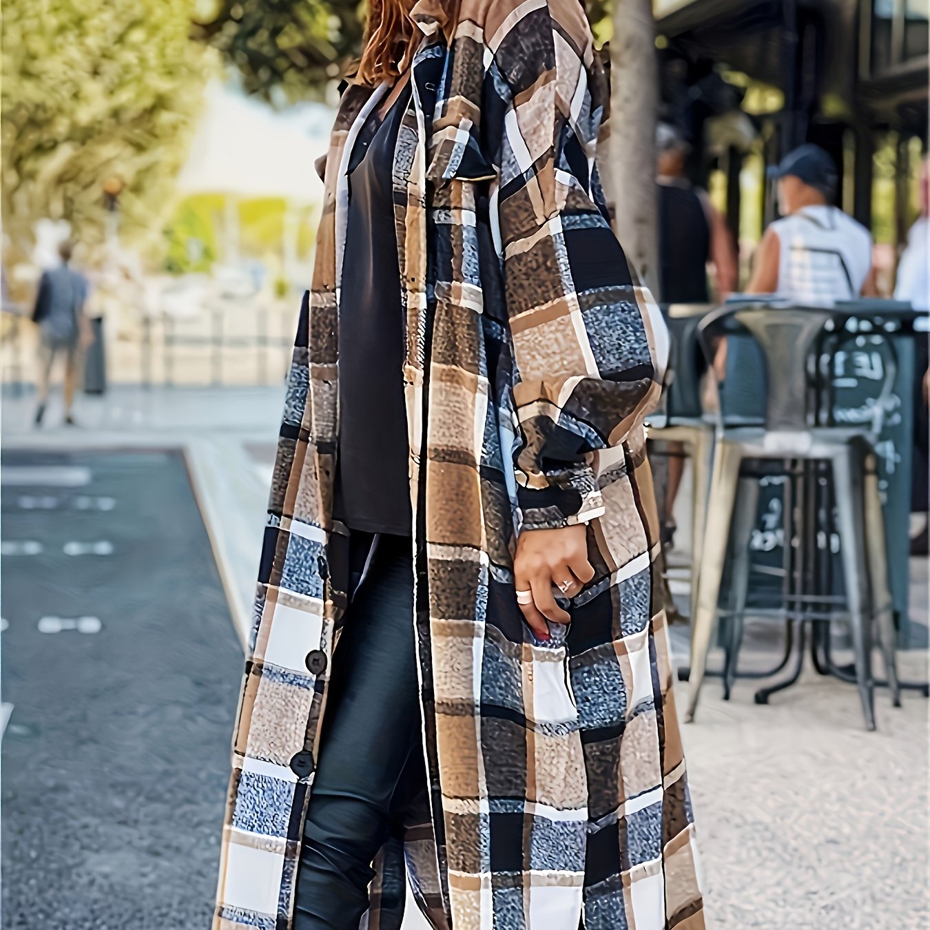 Plus Size Plaid Trench Coat with Side Slits Lapel Collar Fleece Blend Casual Outerwear