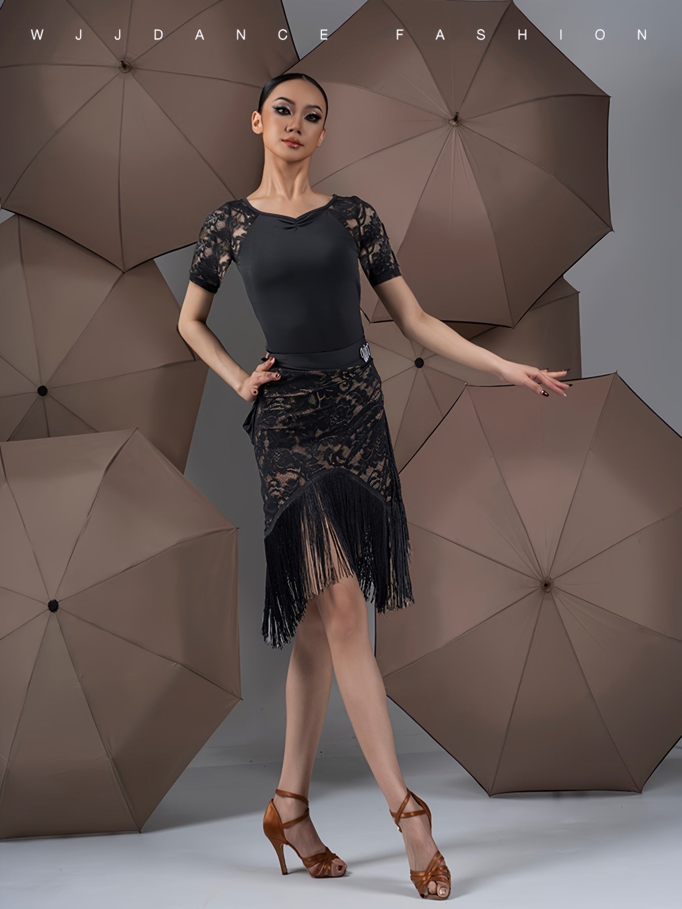 Falda de baile latino para mujer talla plus con doble capa de encaje, borlas y diseño asimétrico