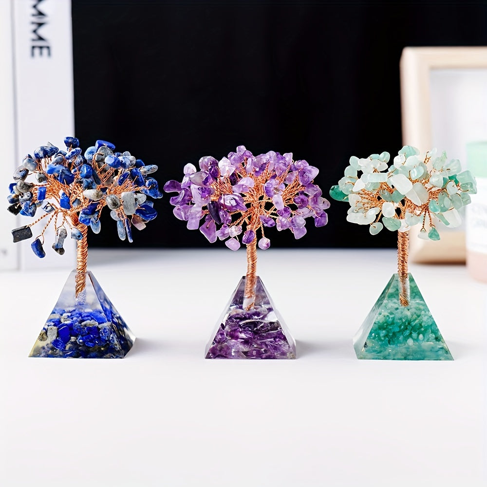 Decoración de árbol de cristal con base de pirámide de piedra natural para meditación, alineación de chakras, Feng Shui