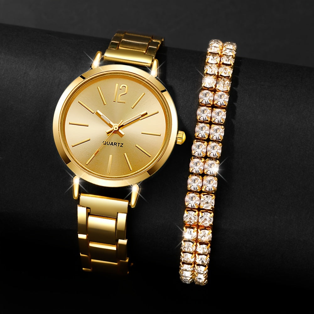 6pcs Stainless Steel Quartz Watch Set with Rhinestone Bracelets for Women