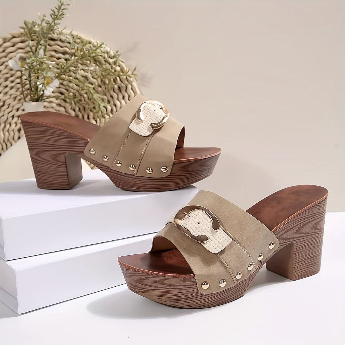 Women's Black Beige Rhinestone High-Heel Open-Toe Platform Sandals