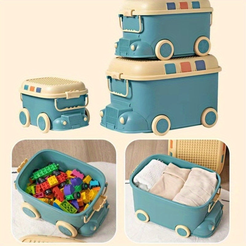 Blue Plastic Toy Storage Box with Wheels for Building Blocks Snacks and Small Items