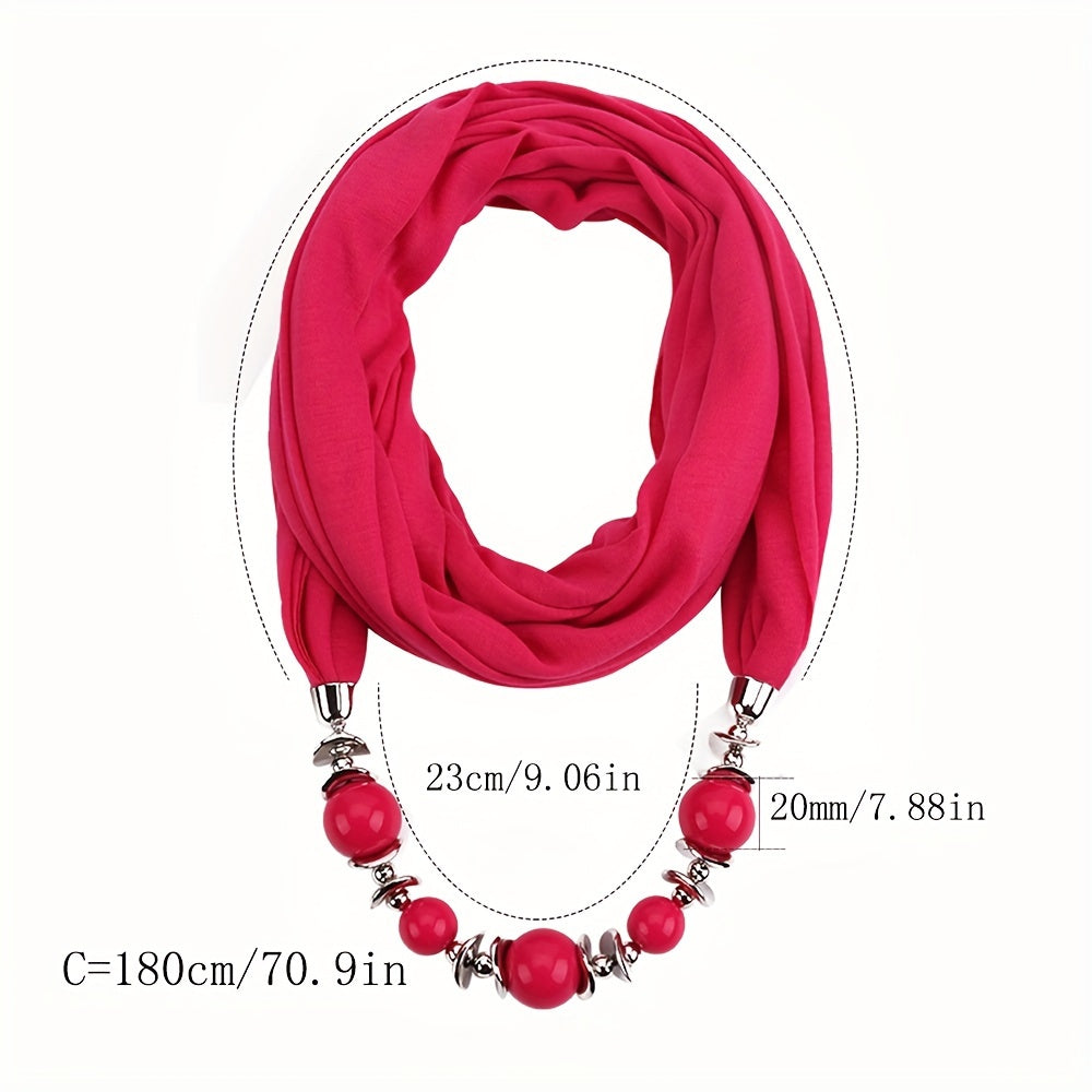Women's Solid Color Infinity Scarf with Beaded Jewelry Necklace and Head Wrap
