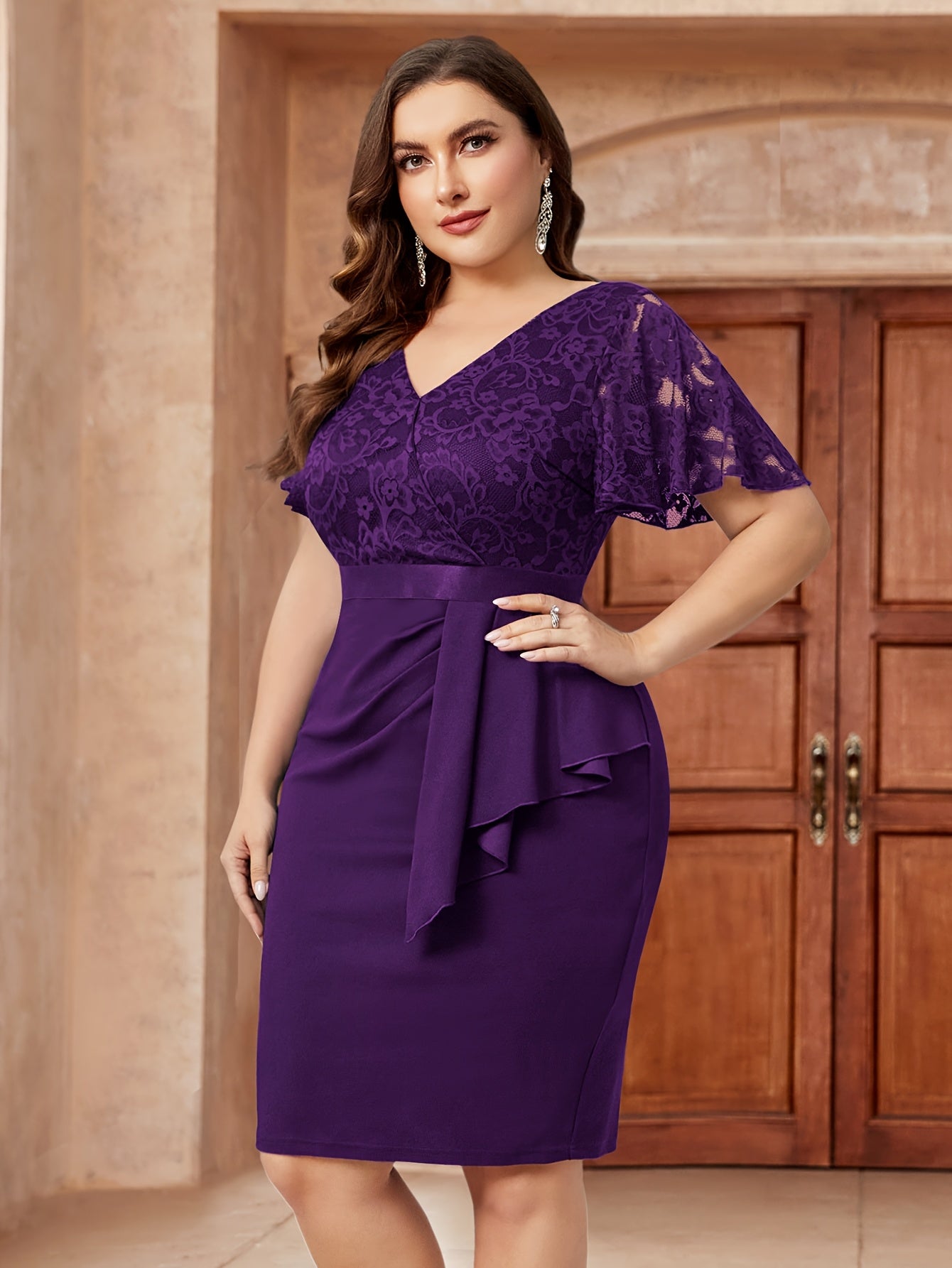 Women V-Neck Floral Lace Ruffle Sleeve Bodycon Dress with Wrap Hem