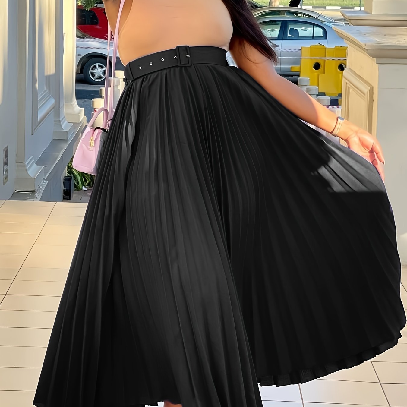 Plus-Size Elegant Midi Skirt With Belt Black Polyester Fashion