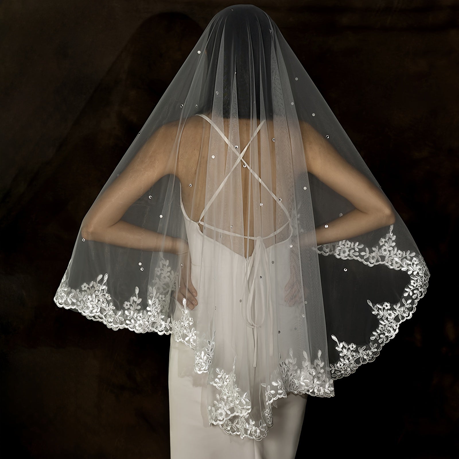 White Short Embroidered Wedding Veil for Bride with Hair Comb Not Included