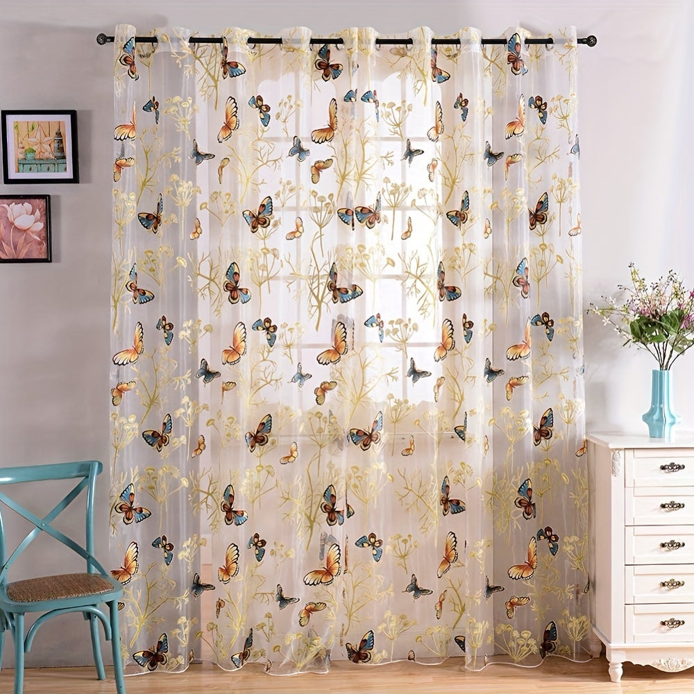 Butterfly Print Sheer Curtain Grommet Top Tulle Window Treatment for Bedroom Living Room
