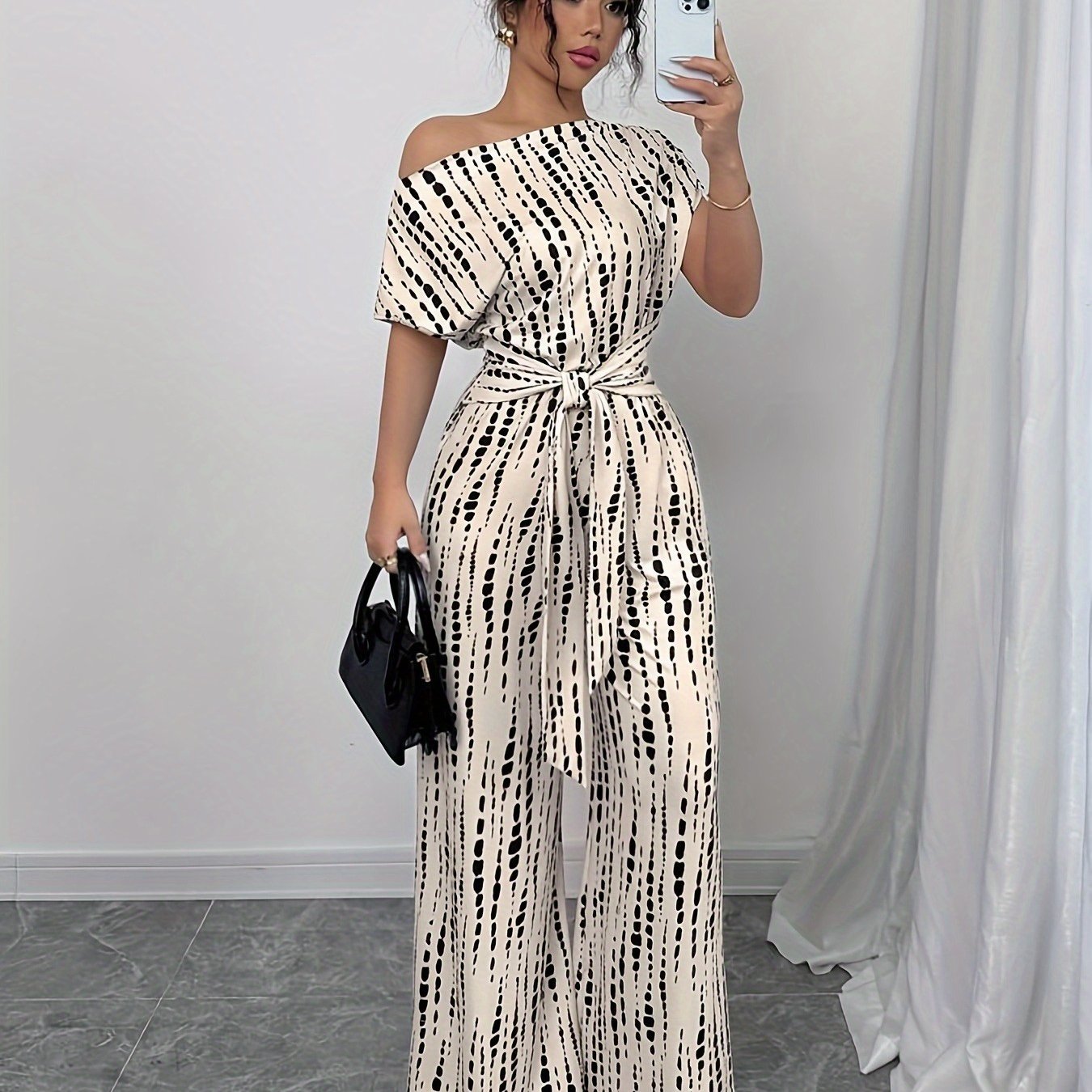 Plus Size Women's Bohemian Snake Print Jumpsuit Asymmetric One-Shoulder Batwing Sleeves