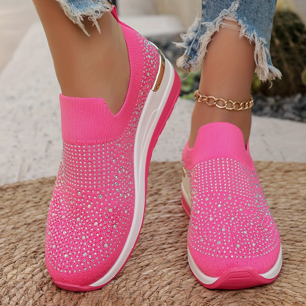 Women's Rhinestone Decor Platform Sneakers Casual Slip-On Outdoor Shoes
