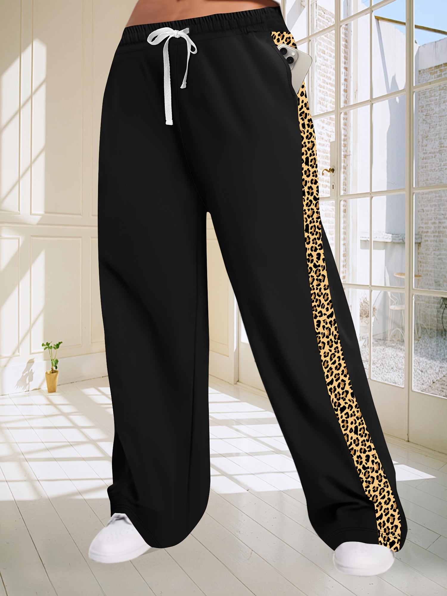 Plus Size Leopard Print Wide Leg Pants with Drawstring and Pockets